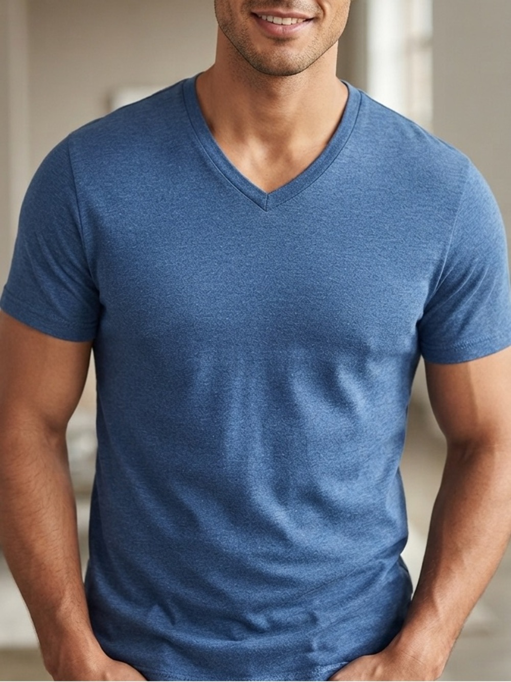 EUC Alfani Men's Blue V-Neck T-Shirt Short Sleeve Tee Large L Casual Solid Blue